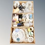 Three boxes of stainless steel kitchen items, glass, ceramics, Carlton ware vase, gallery tray.