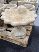 A sea shell bird bath
