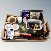 A box of Wade twin handled mug, blue and white ceramics, glass ware, bibles,