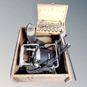 A plywood box containing two electric routers by Trend and Elu together with a cased set of Router