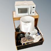A 20th century teak effect tiled topped table together with a microwave and box containing sewing