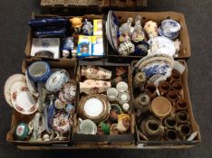 A pallet of five boxes of assorted ceramics, Ringtons, Piggin ornaments, figurines,