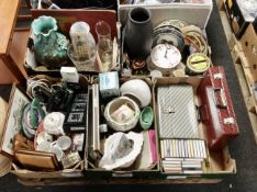 A pallet of five boxes, ceramics, glass ware, cassette tapes,