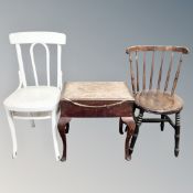 A 20th century storage piano stool together with a bentwood chair and further kitchen chair