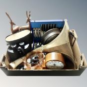 A box containing of miscellaneous to include carnival glass bowl, canteen of cutlery,