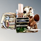 Three boxes of copper ware, brass magazine rack, wine bottles, plated cutlery and tray,