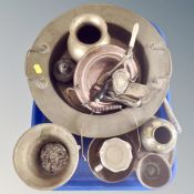 A tray of antique & later metal wares, Chinese twin-handled bowls, Eastern brass vase,