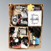 Two boxes containing kitchen electricals, hand-held Dyson, cameras and accessories.