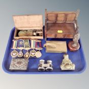 A tray of cased opium scales, oak table box in the form of a settle, Freemason's medals on ribbons,