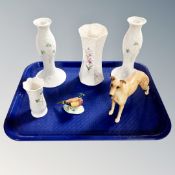 A tray containing pair of Belleek candlesticks, together with two further Belleek vases,