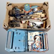 A box containing hand tools, boxed Stanley woodworking plane, bench vices etc.