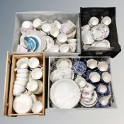 Four crates containing part English tea china services, to include Tuscan, Aynsley, Windsor,