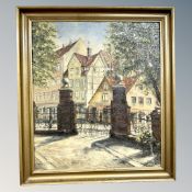 Continental School : Street scene with cast iron gates in foreground, oil on canvas,