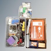 Three boxes containing electrical tools, a Fein German power sander, hand tools etc.