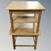 Two Danish blonde oak square topped occasional tables.