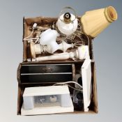 Two boxes containing marble and alabaster table lamps, a Goblin Teasmade,