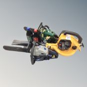 A MacAllister chain saw together with a further petrol chain saw, a McCulloch tornado leaf blower,
