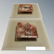 A pair of contemporary glass wall panels.