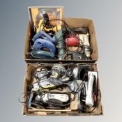 Two boxes containing a quantity of assorted power tools, to include JCB, Black and Decker and Bosch.