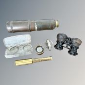An antique four-draw telescope, further pocket telescope, antique spectacles,