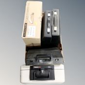 A Sentry fire box with a key together with a further box containing three vintage cased typewriters