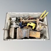 A crate containing assorted hand tools, woodworking planes, G clamps,