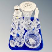 A tray of glass ware, crystal decanter, vases,