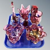A tray of seven pieces of coloured glass ware including Bohemian crystal