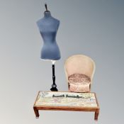 A mid century pink loom basket chair together with a tapestry duet stool and dress maker's form on