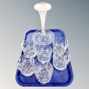 A vintage etched glass epergne together with a set of six good quality crystal whisky glasses