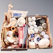 Two boxes of assorted ceramics, antique and later mugs and beakers, Danish candles,