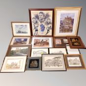A box of pictures, signed prints - tall ships, Hexham Abbey print,
