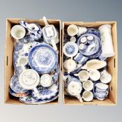 Two boxes of blue and white ceramics : tea ware, Delft jug,