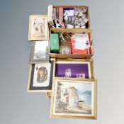 Two boxes of annuals, drinking glasses, theatre programmes, mugs, glass bowls,