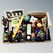 A box of playing cards, dominoes, plated shoe horn,