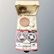 A vintage Philips Disc Jockey Major electric record player and a Baird reel to reel player in case
