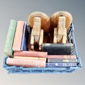 A pair of wooden teddy bear bookends together with vintage books, Mrs Beatons cookery,