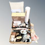 Two boxes of dolls, glass ware, Vonhaus day lights, Black and Decker hand held vac,