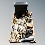 A box of miscellaneous : flat ware, plated cutlery, carriage clock, brass ware,