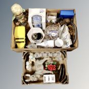 Two boxes of lead crystal glasses and basket, commemorative mugs, Ringtons storage jar,