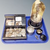 A tray of vintage metal cash box, 19th century coins and crowns,