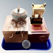 A Chinese three-piece tea bowl set, boxed,