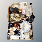 Two boxes of gold finished cutlery, four piece companion set on stand,