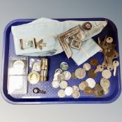 A tray of assorted antique and later coins, medals, York pin badge, miniature miner's lamp, keys,