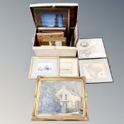 A vintage painted tin trunk containing antique and later pictures, prints,