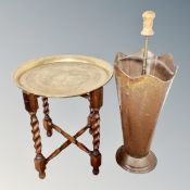 A folding barley twist brass topped table together with a stickstand in the form of an umbrella