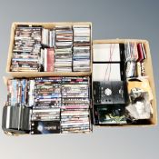 Three boxes of Sony micro hifi system, assorted DVD's, CD's,