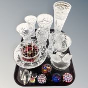 A tray of glass ware, crystal vases, rose bowl,