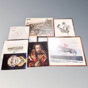 Nine assorted pictures including framed map of Durham, horse racing,