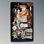 A small tray of French opera glasses, watches, ring tree,